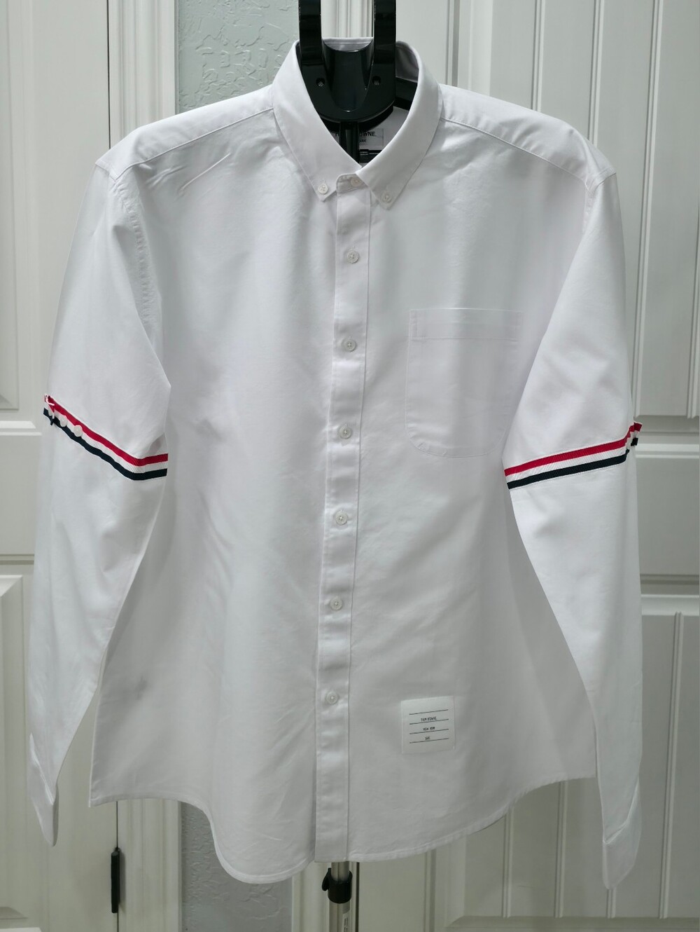Thom Browne White Button-Down Shirt with Red & Navy Sleeve Bands